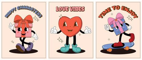 Set of happy and cheerful retro mascots posters. Old animation from the 50s 60s 70s, catchy gift wrapping characters and a cute heart. Happy and fun retro. vector