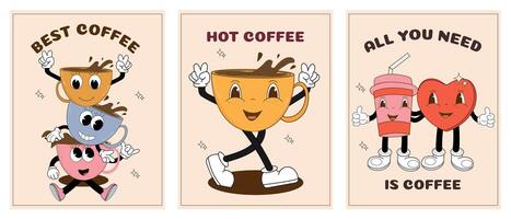 A set of posters with funny characters in groove style. Vintage vector illustration of coffee mascots. Latte, cappuccino, coffee cup and heart mascot. Retro 60s, 70s, 80s.