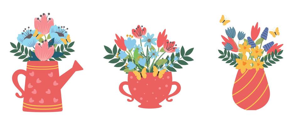 Set of spring floral backgrounds, modern greeting card templates. Hand-drawn bouquets of flowers in different vases. Congratulations on March 8, Womens Day, Mothers Day.