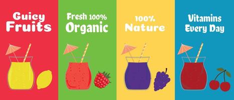 Colorful flyers with delicious natural exotic tropical cocktails. Advertising of natural eco fruits. Hand drawn realistic vector illustration.