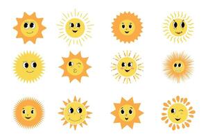 colección de soleado emoticonos linda sonriente, parpadeo soles con gracioso caras en garabatear estilo. vector símbolos de soleado calentar verano, aislado colocar.