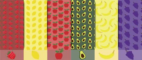 Set of bright colorful fruit backgrounds with modern minimal labels. Summer bright patterns with fruits. Raspberry, lemon, apple, banana, grapes, avocado are depicted vector