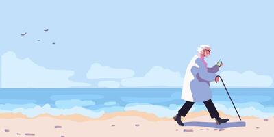 An elderly man in a raincoat with an umbrella on the beach on a sunny day. Shore with beach and waves. Vector illustration