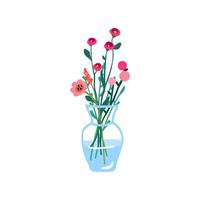 Spring flowers in vase. Gentle field floral plants. Fresh blooms. Simple fragile wild blossoms. Cut meadow wildflowers bouquet, stems isolated on white background. vector illustration