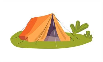 Orange triangular tent for camping, adventure tourism and travel, bushcraft and backpacking on a green meadow with bushes. vector