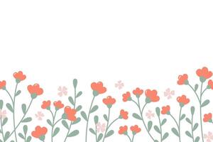 Horizontal white banner with flowers along the bottom edge. Spring botanical flat vector illustration on white background