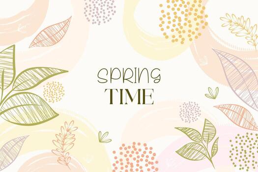Horizontal spring botanical background with doodle style leaf border and abstract circles. vector