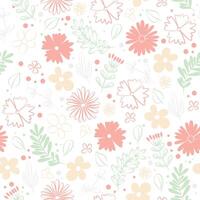 Vector floral pattern in doodle style with flowers and leaves. Gentle, spring floral background.