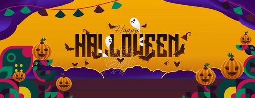 Happy Halloween horizontal background in geometric style. Happy Halloween cover with pumpkins, spider webs and typography. Suitable for greeting cards and party invitations for Halloween celebrations vector