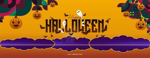 Happy Halloween horizontal background in geometric style. Happy Halloween cover with pumpkins, spider webs and typography. Suitable for greeting cards and party invitations for Halloween celebrations vector