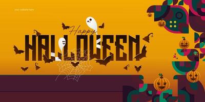 Happy Halloween background in geometric style. Happy halloween cover with pumpkins, spider webs and typography. Suitable for posters, greeting cards and party invitations for Halloween celebrations vector