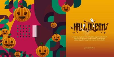 Happy Halloween background in geometric style. Happy halloween cover with pumpkins, spider webs and typography. Suitable for posters, greeting cards and party invitations for Halloween celebrations vector