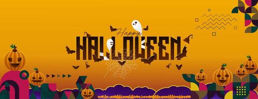 Happy Halloween horizontal background in geometric style. Happy Halloween cover with pumpkins, spider webs and typography. Suitable for greeting cards and party invitations for Halloween celebrations vector