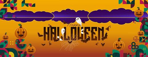 Happy Halloween horizontal background in geometric style. Happy Halloween cover with pumpkins, spider webs and typography. Suitable for greeting cards and party invitations for Halloween celebrations vector