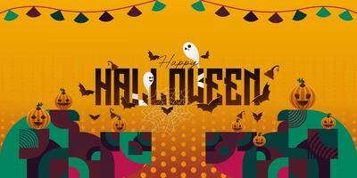 Happy Halloween background in geometric style. Happy halloween cover with pumpkins, spider webs and typography. Suitable for posters, greeting cards and party invitations for Halloween celebrations vector