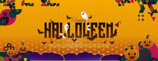 Happy Halloween horizontal background in geometric style. Happy Halloween cover with pumpkins, spider webs and typography. Suitable for greeting cards and party invitations for Halloween celebrations vector