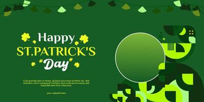 Happy St Patrick's Day banner in modern geometric style. Great for greeting covers, social posters and St Patrick's Day celebration party invitations with text. Vector illustration