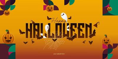 Happy Halloween background in geometric style. Happy halloween cover with pumpkins, spider webs and typography. Suitable for posters, greeting cards and party invitations for Halloween celebrations vector