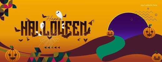 Happy Halloween horizontal background in geometric style. Happy Halloween cover with pumpkins, spider webs and typography. Suitable for greeting cards and party invitations for Halloween celebrations vector
