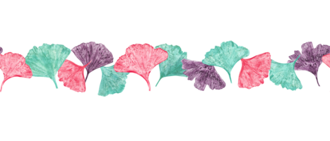 Seamless border with leaf imprints. Turquoise, pink, brown biloba leaves. Ornate with exotic plant. Ginkgo, palm, dry abstract fan leaves. Watercolor illustration of leaf silhouettes png