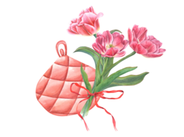 Bouquet of pink tulips and small female clutch. Pink double tulip and Lady bag. Spring flower and party handbag. Delicate blooming garden flower. Watercolor illustration. For the design of postcards png