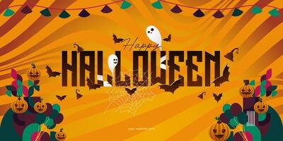 Happy Halloween background in geometric style. Happy halloween cover with pumpkins, spider webs and typography. Suitable for posters, greeting cards and party invitations for Halloween celebrations vector