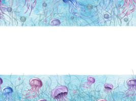 Horizontal frame with floating medusa and plants. Blue and violet jellyfish. Flock of jellyfish with long poisonous tentacles. Sea animals. Watercolor illustration with text space png