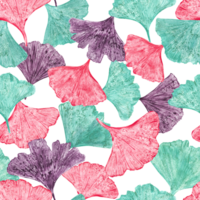 Seamless pattern with multicolor gingko leaf. Turquoise, pink, brown biloba leaves. Ornate with. Palm, dry abstract fan leaves. Watercolor illustration of leaf silhouettes png