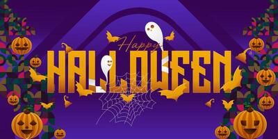 Happy Halloween background in geometric style. Happy halloween cover with pumpkins, spider webs and typography. Suitable for posters, greeting cards and party invitations for Halloween celebrations vector