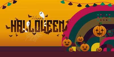 Happy Halloween background in geometric style. Happy halloween cover with pumpkins, spider webs and typography. Suitable for posters, greeting cards and party invitations for Halloween celebrations vector