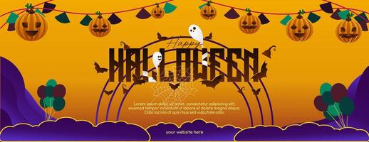 Happy Halloween horizontal background in geometric style. Happy Halloween cover with pumpkins, spider webs and typography. Suitable for greeting cards and party invitations for Halloween celebrations vector