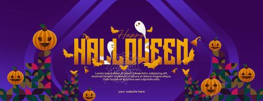 Happy Halloween horizontal background in geometric style. Happy Halloween cover with pumpkins, spider webs and typography. Suitable for greeting cards and party invitations for Halloween celebrations vector