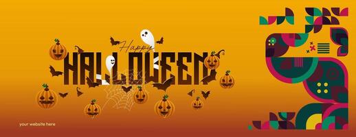 Happy Halloween horizontal background in geometric style. Happy Halloween cover with pumpkins, spider webs and typography. Suitable for greeting cards and party invitations for Halloween celebrations vector