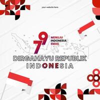 Happy Indonesian Independence Day background in geometric style. Happy Indonesia National Day cover with typography. Vector Illustration. Suitable for greeting cards, ads banner and party invitations