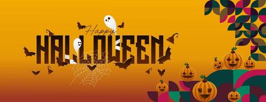 Happy Halloween horizontal background in geometric style. Happy Halloween cover with pumpkins, spider webs and typography. Suitable for greeting cards and party invitations for Halloween celebrations vector