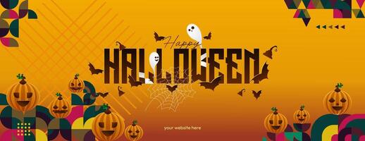 Happy Halloween horizontal background in geometric style. Happy Halloween cover with pumpkins, spider webs and typography. Suitable for greeting cards and party invitations for Halloween celebrations vector