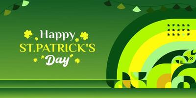 Happy St Patrick's Day banner in modern geometric style. Great for greeting covers, social posters and St Patrick's Day celebration party invitations with text. Vector illustration