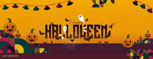 Happy Halloween horizontal background in geometric style. Happy Halloween cover with pumpkins, spider webs and typography. Suitable for greeting cards and party invitations for Halloween celebrations vector