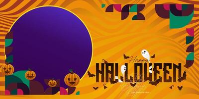 Happy Halloween background in geometric style. Happy halloween cover with pumpkins, spider webs and typography. Suitable for posters, greeting cards and party invitations for Halloween celebrations vector