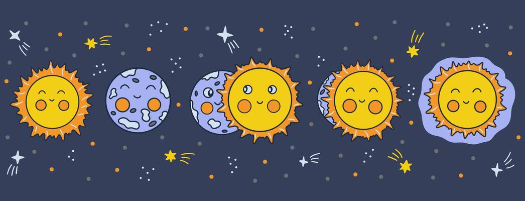Lunar eclipse phases. Hand drawn vector, blue horizontal background