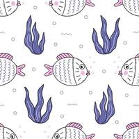 Seamless pattern with swimming round fish. Vector doodle print