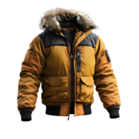 AI generated Yellow down jacket with fur hood isolated on transparent background png