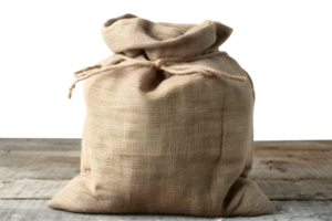 ai généré sac de toile de jute sur en bois table png