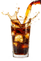 AI generated Cola splash in glass with ice cubes png