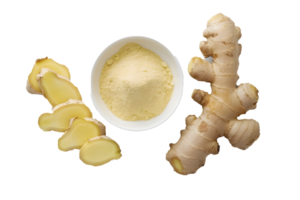 AI generated Ginger powder in bowl and fresh ginger root PNG