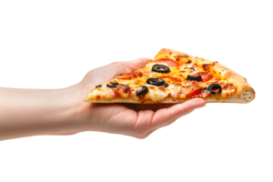 ai generiert Hand halten ein Scheibe von Pizza mit Oliven und Käse png