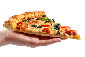 AI generated Hand holding slice pizza with olives, tomatoes and cheese png