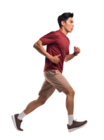 ai generado asiático jóvenes corriendo trotar vistiendo rojo camisetas, pantalones cortos y Zapatos png