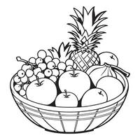 Fruits on a Basket coloring page, Fruits outline drawing coloring book pages for children vector