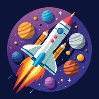 A colorful cartoon depicting space shuttle exploration on a moon trip route. Illustration of a space shuttle and vibrant picture vector